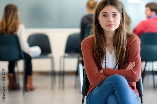 Free Download Young woman sits in office waiting for job interview. She holds briefcase, sits in chair. Pro attire, confident facial expression convey sense of determination. Background is modern, minimalist. - GFXLoad