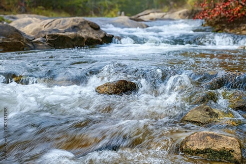 Mountain Fork River flows through Beavers Bend State Park in Oklahoma. Close-up of river surface, surrounded by forest and lush greenery. Water ripples, creating a sense of movement.