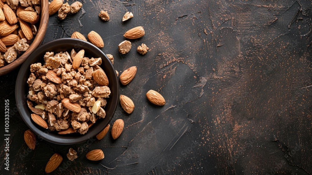 Assorted nuts in bowls on textured dark background Assorted nuts in bowls on textured dark background