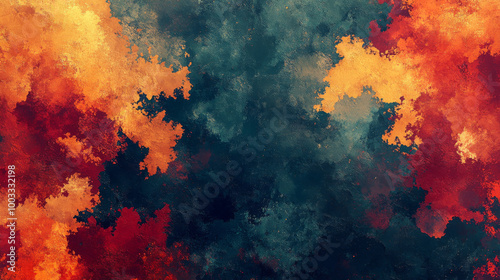 Abstract watercolor painting with red, orange, and blue hues.