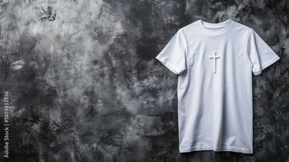 White T-shirt with cross design hanging on textured gray wall White T-shirt with cross design hanging on textured gray wall