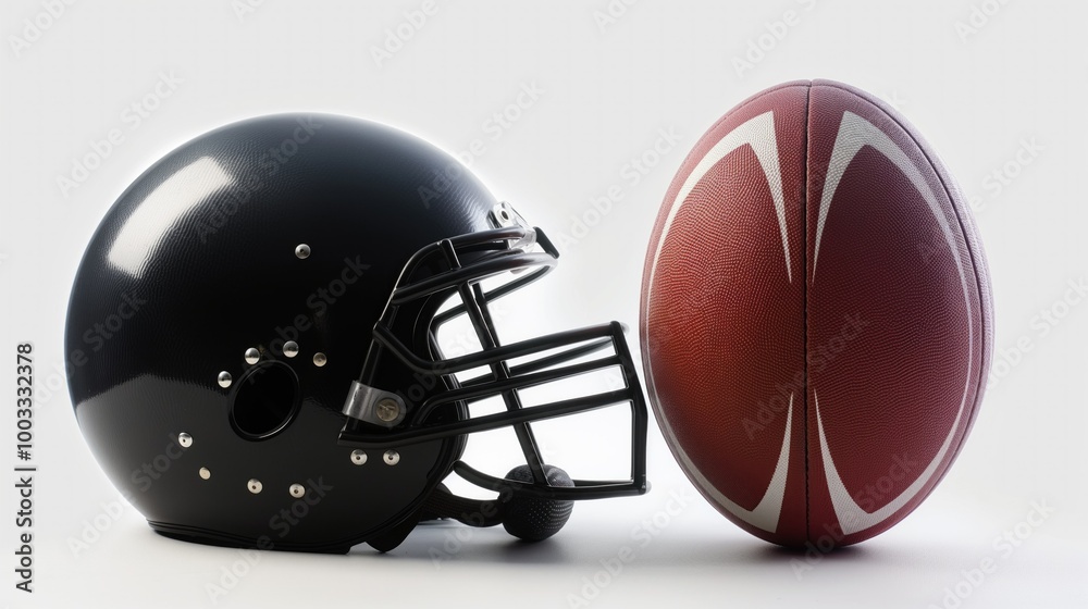 Naklejka premium Rugby ball, helmet on white background. Close-up of athletic equipment on clean surface. Iconic symbols of contact sport. Protective gear for football, rugby players. Physical exercise, team sport