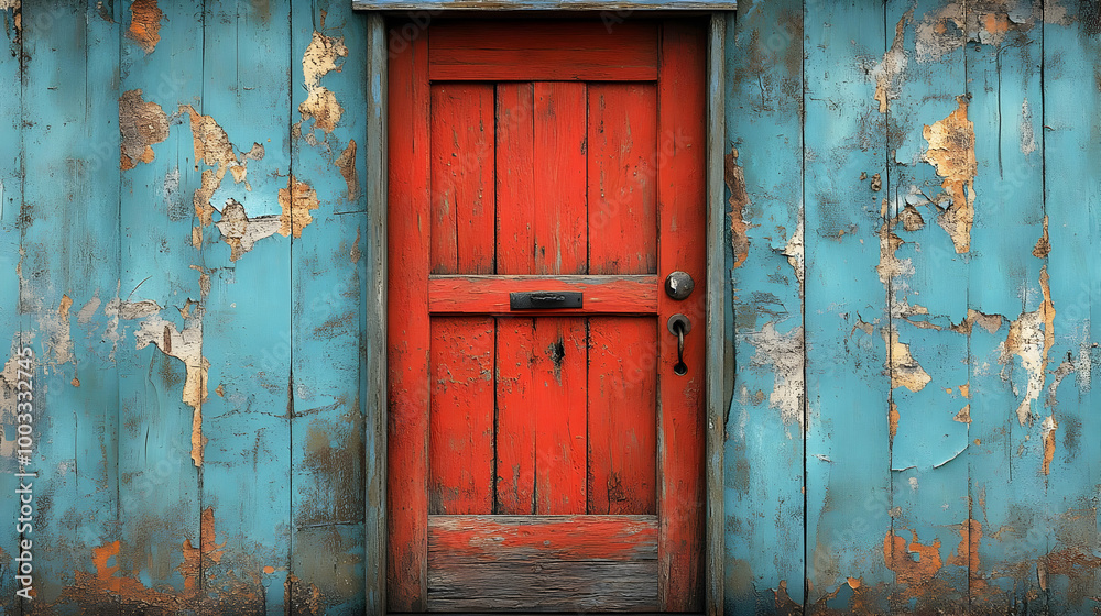 Red Door on Blue Weathered Wood Wall - Realistic Image Red Door on Blue Weathered Wood Wall - Realistic Image