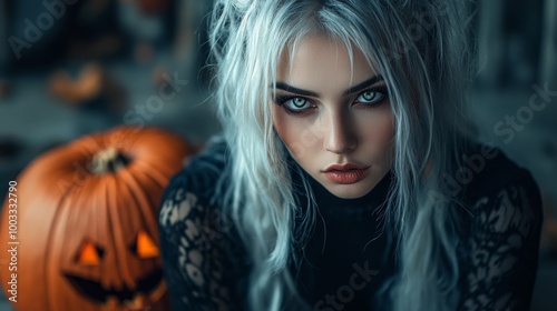 Dark Gothic Halloween Aesthetic with Pumpkins and Mysterious Girl