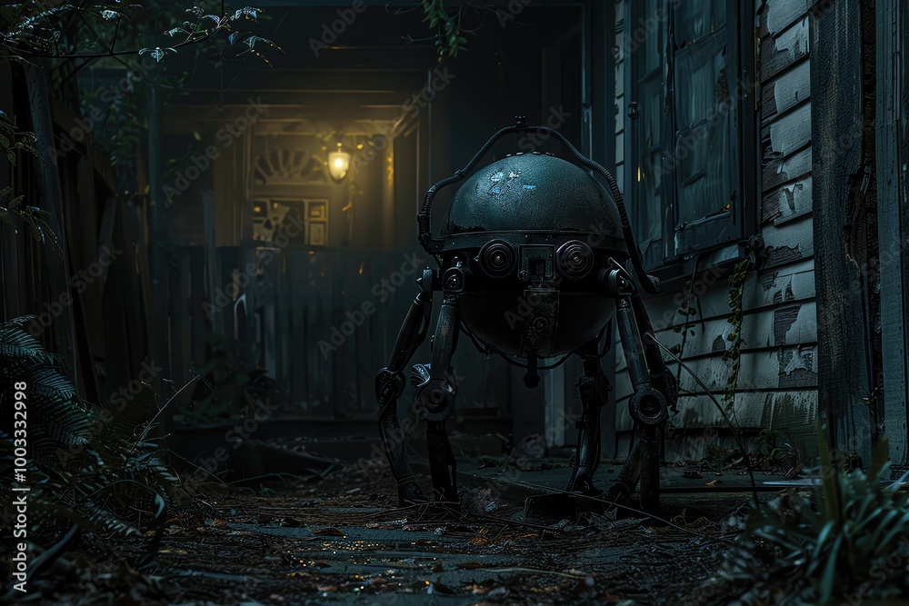 Explore mysteries of nightfall with a captivating night photograph of a robotic creature lurking in the shadows, blending eerie sci-fi elements futuristic technology haunting dystopian intrigue Explore mysteries of nightfall with a captivating night photograph of a robotic creature lurking in the shadows, blending eerie sci-fi elements futuristic technology haunting dystopian intrigue