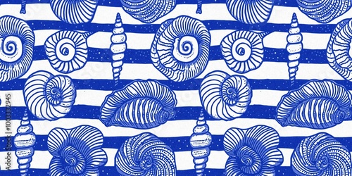Azure blue white shell motif with linen seamless batik border background. Modern coastal beach cottage rustic shell block print home decor pattern, Sealife banner style 