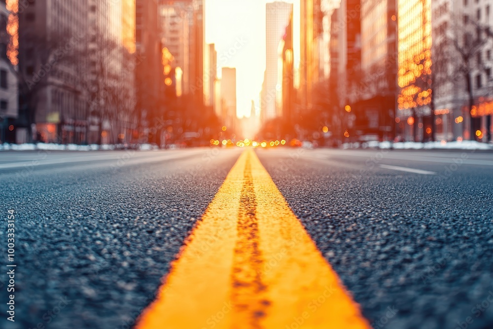 Empty city streets on New Years morning, quiet after the celebration, sunrise lighting the scene, deep depth of field Empty city streets on New Years morning, quiet after the celebration, sunrise lighting the scene, deep depth of field