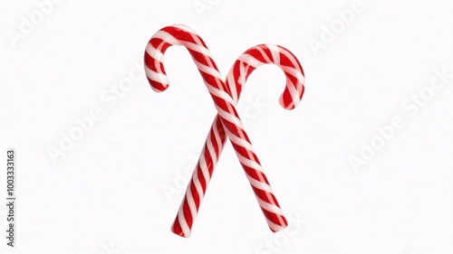 Two red and white candy canes crossed on a white background.