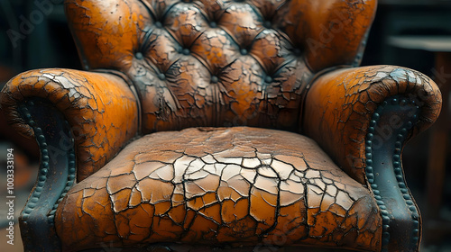 Vintage Worn Orange Leather Armchair Seat Detail