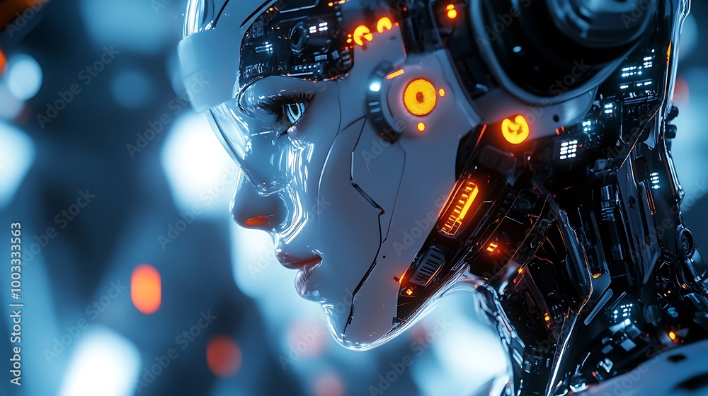 Fototapeta premium Innovative cyborg design showcasing natural elements and glowing eyes design