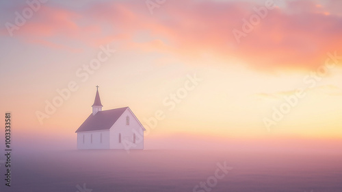 Dawn serene meadow unfolds beneath the sky, where mist gently blankets grass, framing church building embodies beauty of nature, spirit Christianity as sunrise casts a warm glow over landscape.