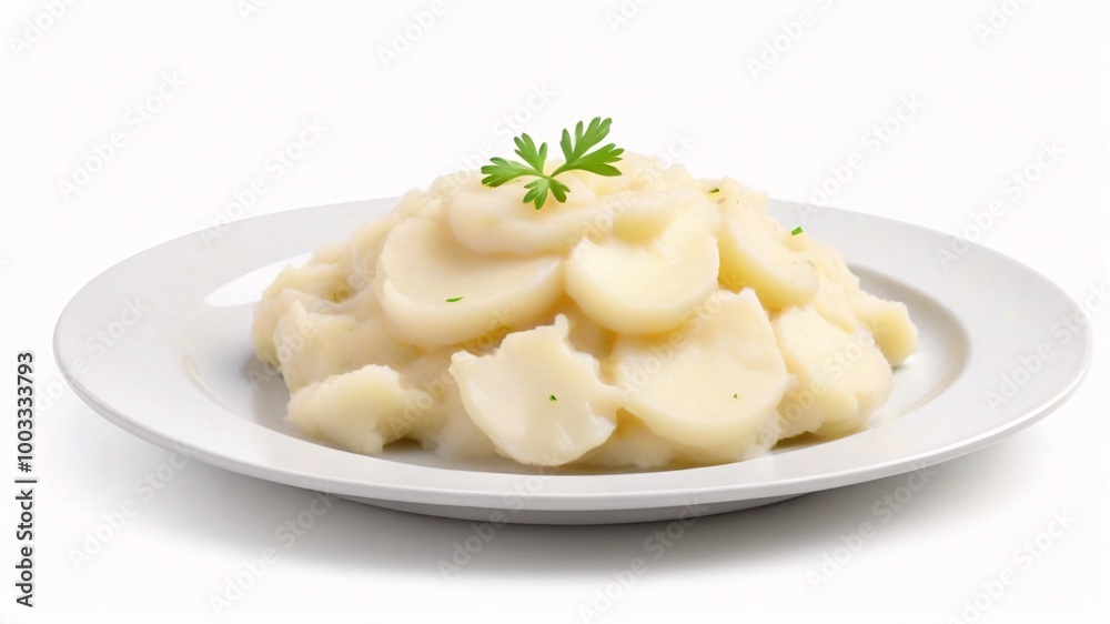 Mashed potatoes served on a white plate with parsley garnish. Mashed potatoes served on a white plate with parsley garnish.