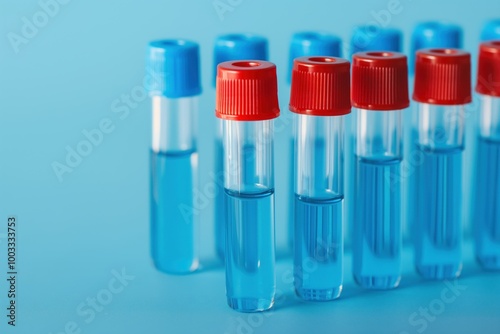 Blue test tubes on light blue background. Twelve tubes in two rows of six, slightly tilted. Vibrant blue color, dynamic visual effect. Clean, minimalistic, laboratory setting.