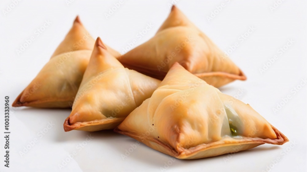 Four golden brown, crispy pastries on a white surface. Four golden brown, crispy pastries on a white surface.
