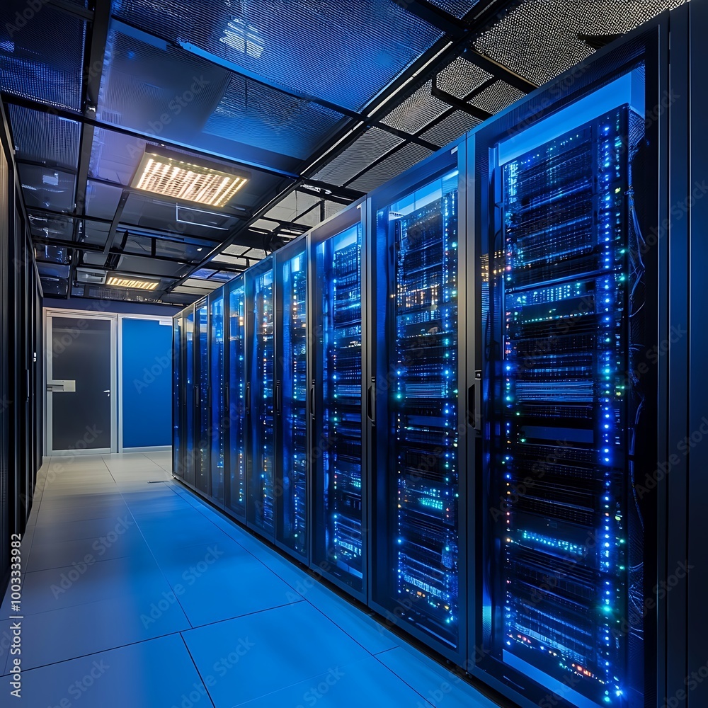 Innovative data center architecture showcasing vibrant blue server racks image