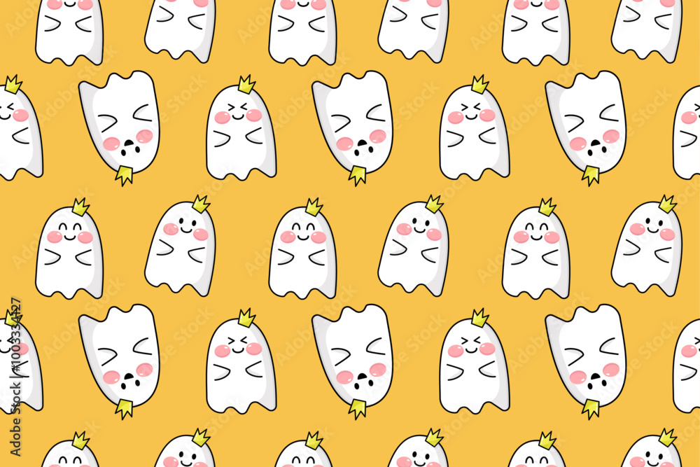 Seamless pattern with kawaii cute halloween ghosts on yellow background. Cute anime kawaii baby cartoon character with vector illustration Seamless pattern with kawaii cute halloween ghosts on yellow background. Cute anime kawaii baby cartoon character with vector illustration
