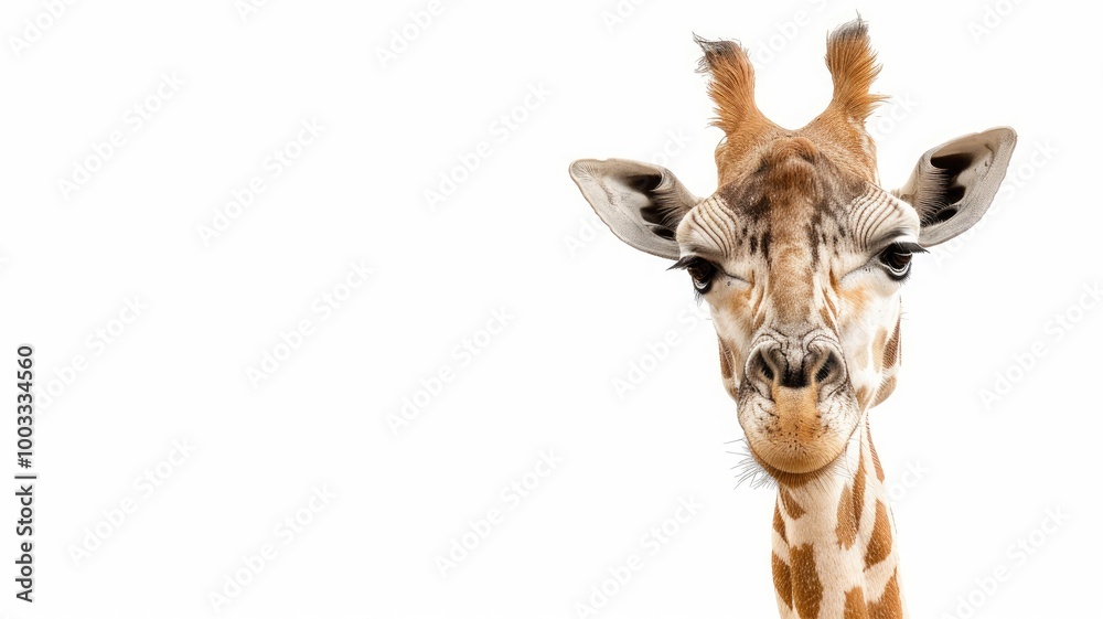 Frontal view of giraffe head against white background, looking at camera Frontal view of giraffe head against white background, looking at camera
