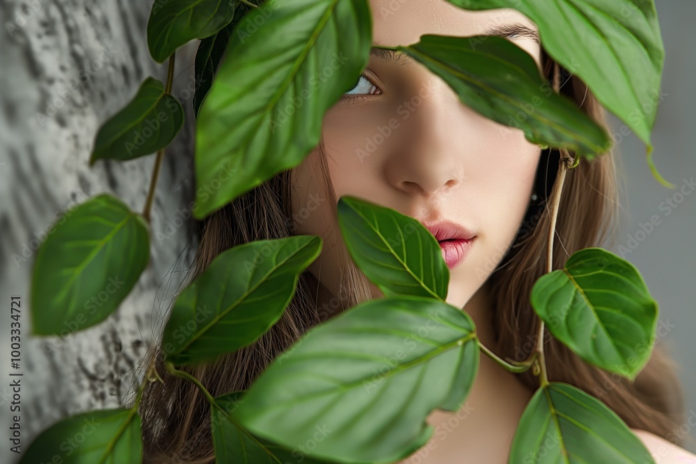 Young woman hides behind lush green leaves in a studio setting. Isolated on a grey background, she poses in a stylish and trendy fashion. Her beauty is accentuated by the natural surroundings. Young woman hides behind lush green leaves in a studio setting. Isolated on a grey background, she poses in a stylish and trendy fashion. Her beauty is accentuated by the natural surroundings.