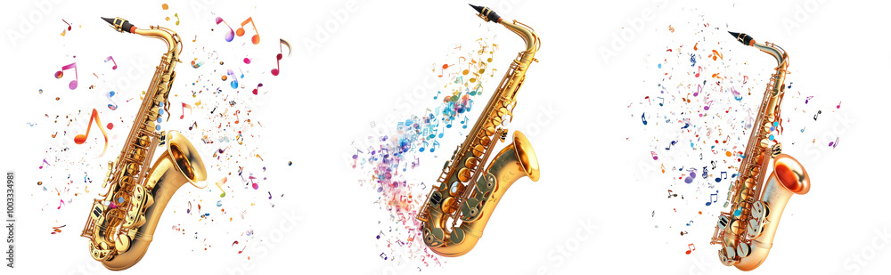 Naklejka premium Vibrant Saxophones with Colorful Musical Notes Isolated on Transparent Background