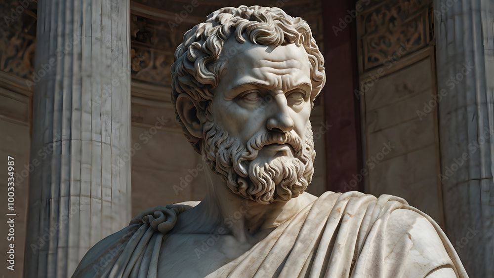 Marble Statue of a Stoic Philosopher in Classical Roman or Greek Robes, Expressing Wisdom and Contemplation. A Realistic Sculpture Featuring Detailed Facial Features, Symbolizing Ancient Philosophy . Marble Statue of a Stoic Philosopher in Classical Roman or Greek Robes, Expressing Wisdom and Contemplation. A Realistic Sculpture Featuring Detailed Facial Features, Symbolizing Ancient Philosophy .