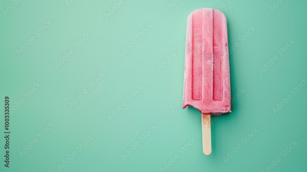 Pink popsicle on green background with frosted details Pink popsicle on green background with frosted details