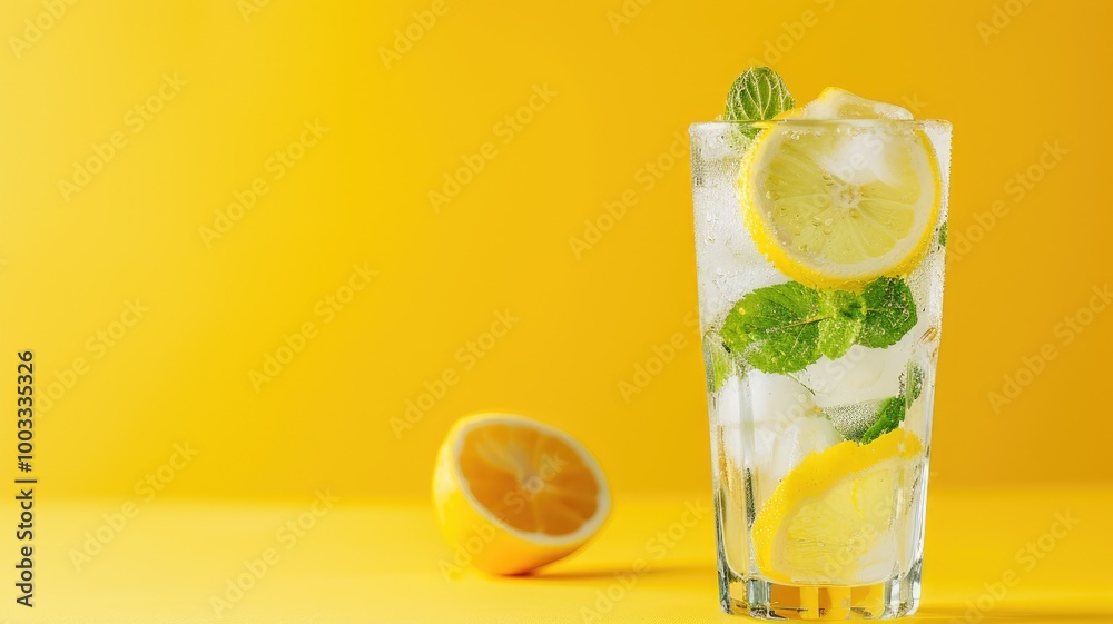 Refreshing glass of ice water with lemon slices and mint leaves on yellow background Refreshing glass of ice water with lemon slices and mint leaves on yellow background