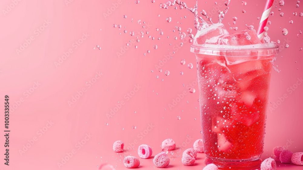 Refreshing cold beverage with ice and raspberries on pink background Refreshing cold beverage with ice and raspberries on pink background