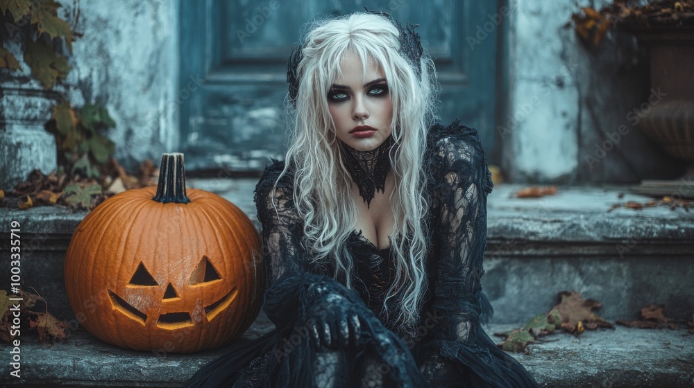 Dark Gothic Halloween Aesthetic with Pumpkins and Mysterious Girl Dark Gothic Halloween Aesthetic with Pumpkins and Mysterious Girl