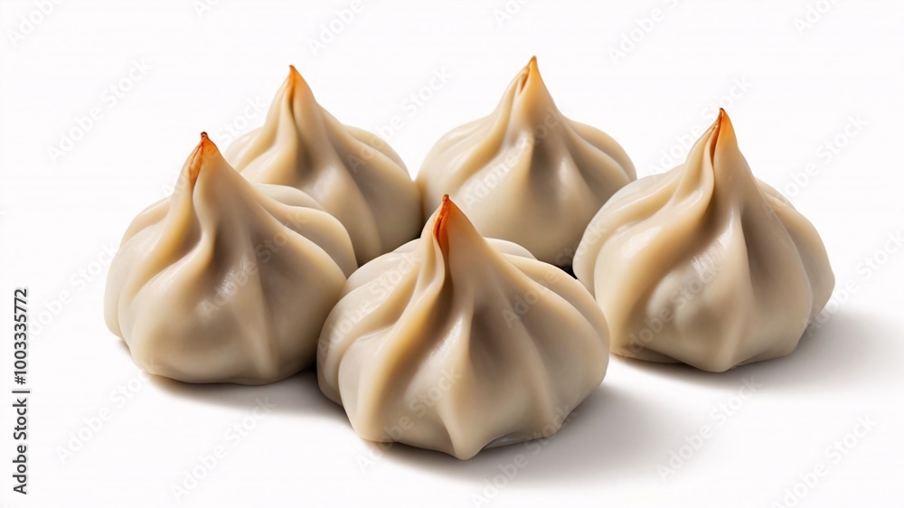 Five freshly cooked dumplings isolated on white background. Five freshly cooked dumplings isolated on white background.