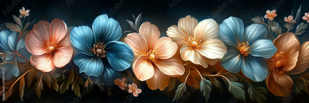 A row of soft pink and blue flowers with green leaves against a dark background. A row of soft pink and blue flowers with green leaves against a dark background.