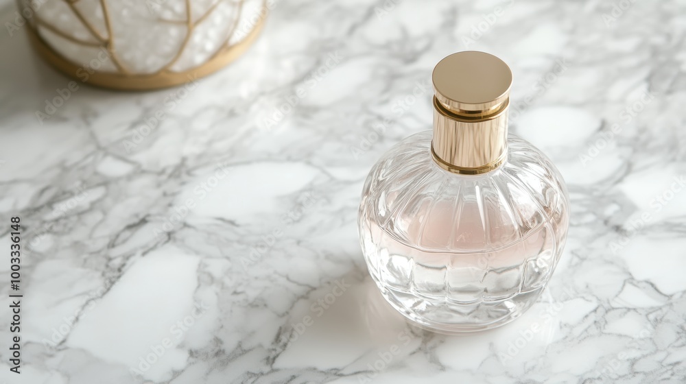 Elegant Glass Bottle with Gold Cap on Marble Surface Elegant Glass Bottle with Gold Cap on Marble Surface