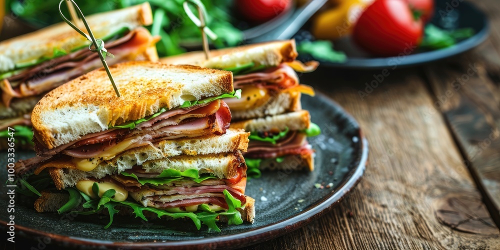 Club sandwich presented on a dish atop a weathered wooden surface. Club sandwich presented on a dish atop a weathered wooden surface.