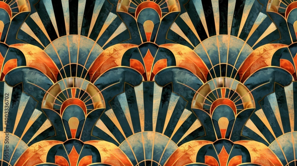 Elegant Art Deco Inspired Repeating Radial Mosaic Pattern in Vibrant Colors Elegant Art Deco Inspired Repeating Radial Mosaic Pattern in Vibrant Colors
