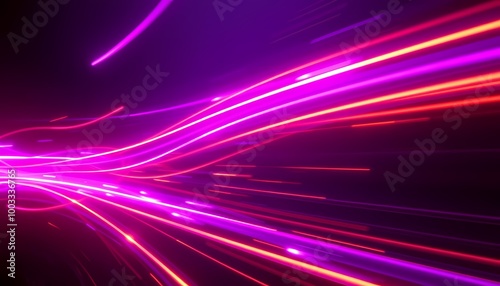 Dynamic Neon Light Beams, High-Speed Purple and Orange Streaks with Motion Blur, Dark Background