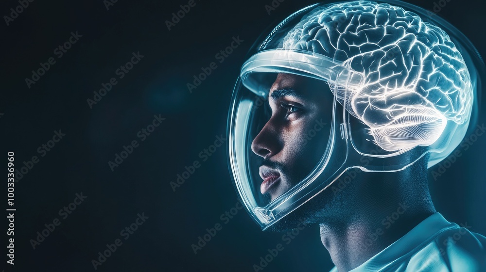 Futuristic helmet with glowing brain illustration, worn by Black male Futuristic helmet with glowing brain illustration, worn by Black male