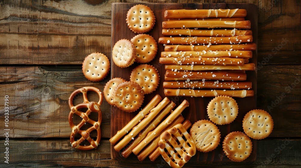 Assortment of Salty Crackers and Pretzels on Wooden Board