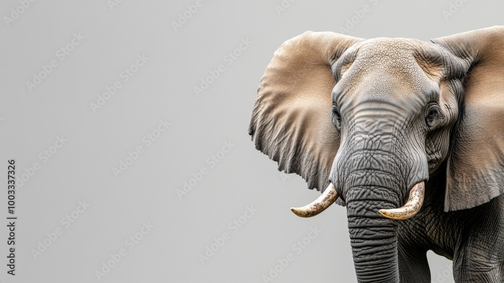 Obraz premium Close-up of majestic elephant with tusks against plain background