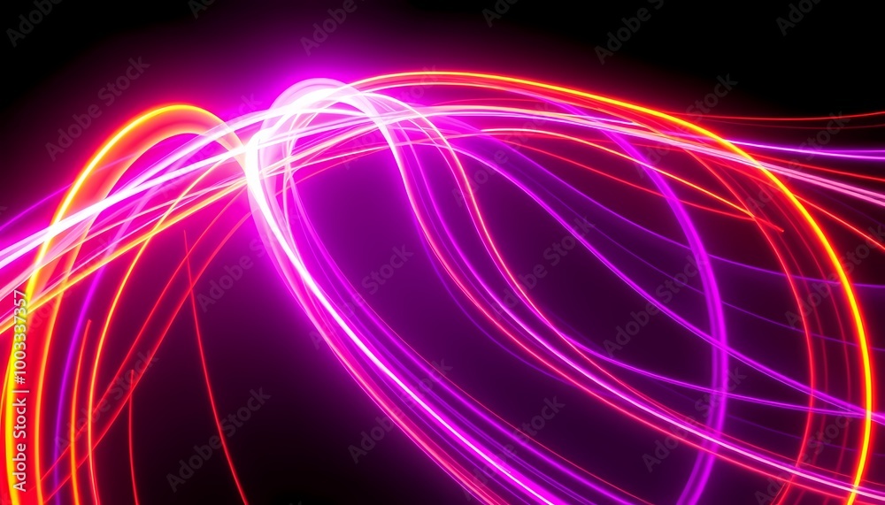 Dynamic Neon Energy Streaks Purple and Orange Fluid Curving Beams in Dark Futuristic Space Dynamic Neon Energy Streaks Purple and Orange Fluid Curving Beams in Dark Futuristic Space