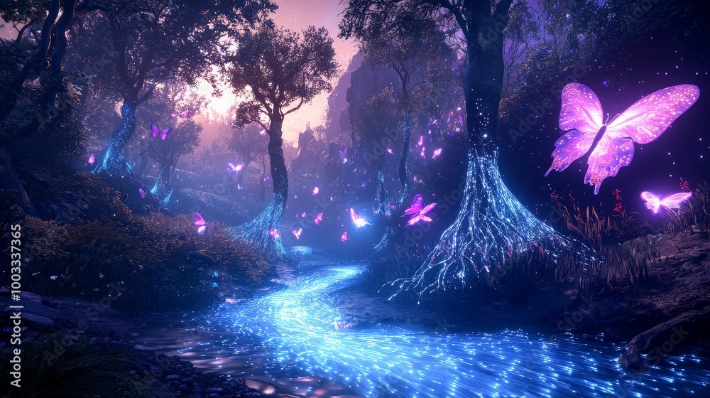 Fototapeta premium Enchanted Forest with Glowing Butterflies