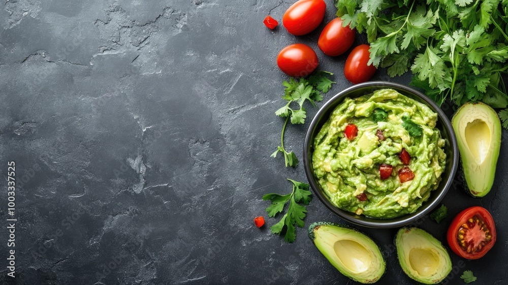 Fresh guacamole with sliced avocados, tomatoes, cilantro on dark slate background
