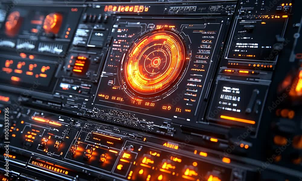 Futuristic digital interface with glowing elements and controls. Futuristic digital interface with glowing elements and controls.