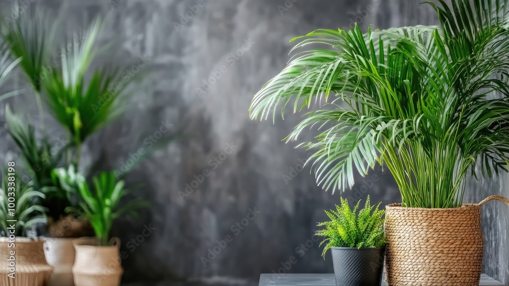Potted green plants against dark textured wall, varied arrangement