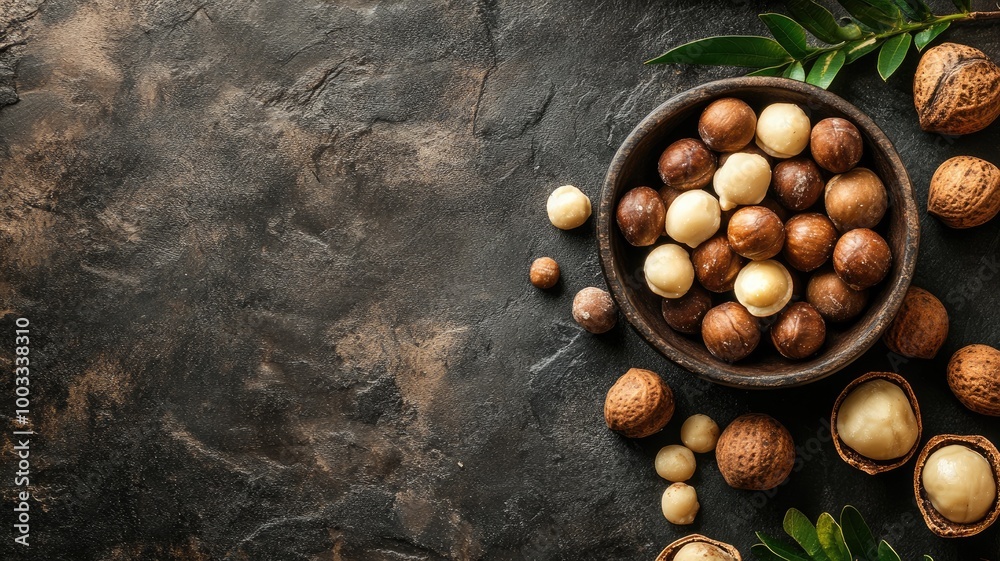 Bowl of macadamia nuts on dark textured background with leaves