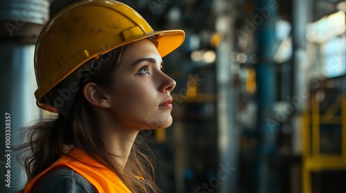 A female worker wearing a yellow hard hat and an orange vest, looking up in a factory.