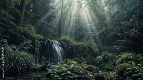 Gentle sunlight streams through the forest canopy, illuminating a small waterfall and lush greenery, creating a serene nature scene..
