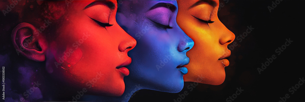 Three women with their eyes closed, illuminated in red, blue, and orange light. Three women with their eyes closed, illuminated in red, blue, and orange light.