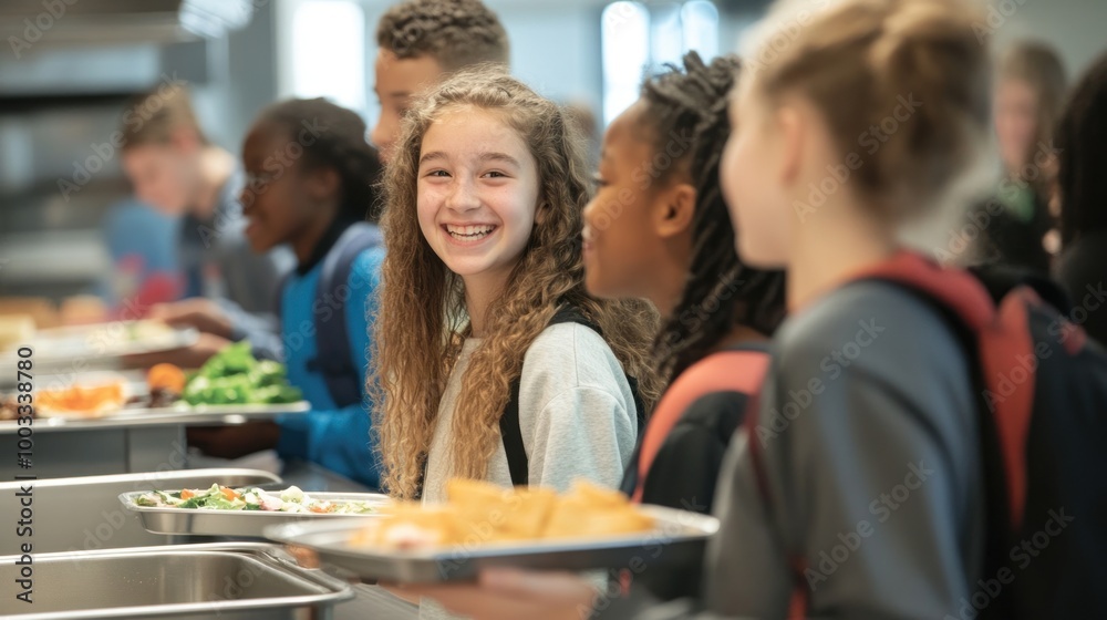 Capture students in line at the school cafeteria, excitedly waiting to get their lunch trays Capture students in line at the school cafeteria, excitedly waiting to get their lunch trays