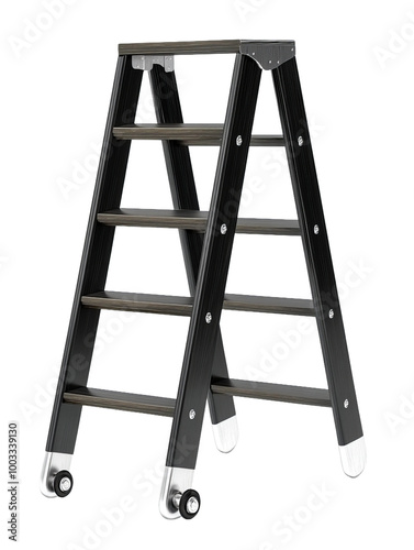 Art decoinspired wooden rolling ladder with a black lacquer finish geometric rail designd photo