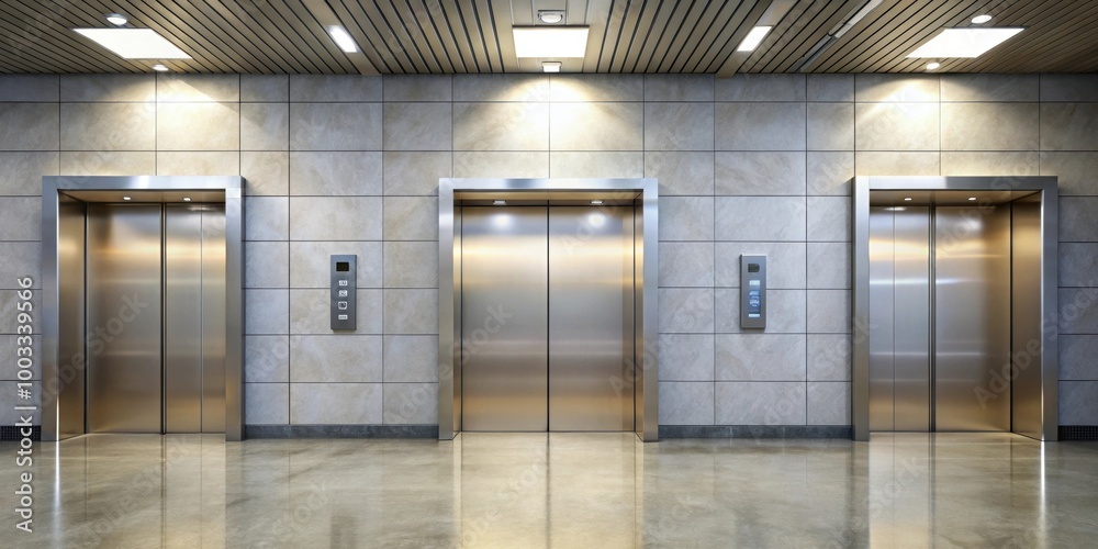 Naklejka premium Elevator doors open and close in a lobby, elevator, doors, open, closed, lobby, modern, architecture, building, interior