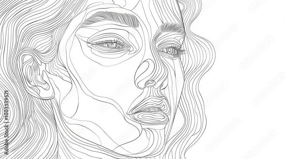 Elegant Monochrome Portrait of Captivating Feminine Face in Line Drawing Style